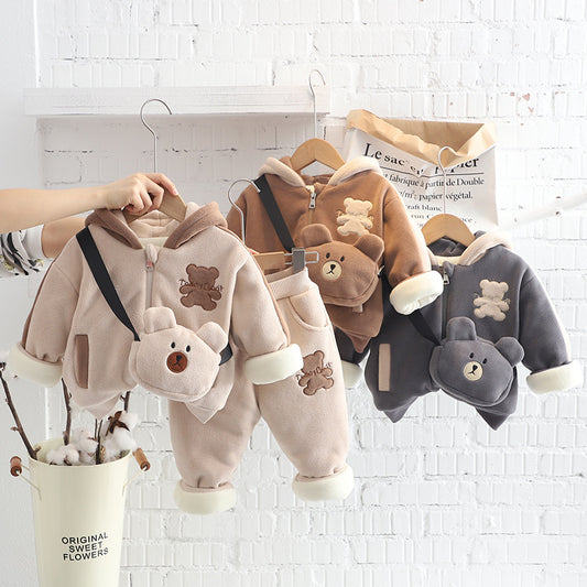 Children's Thickened Set Winter Boys Cartoon Hooded Shirt Two-piece Quilted To Children's Suit