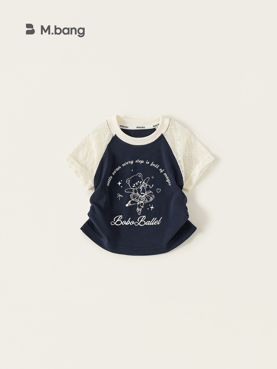 Children's Short-sleeved Lace Stitching Top Thin Summer Contrast Children's T-shirt