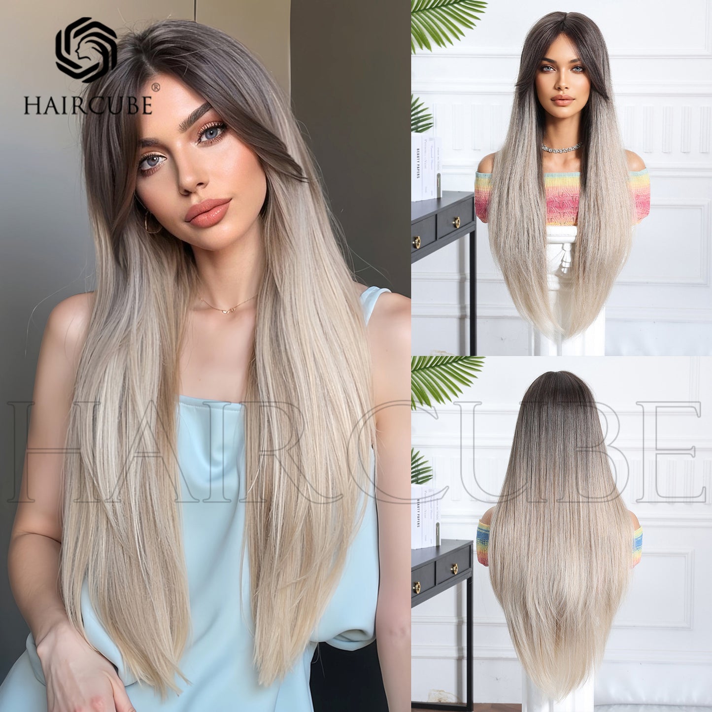 Hair Head Cover Gradient Dyed Mid-point Comfortable Natural Long Straight Wig