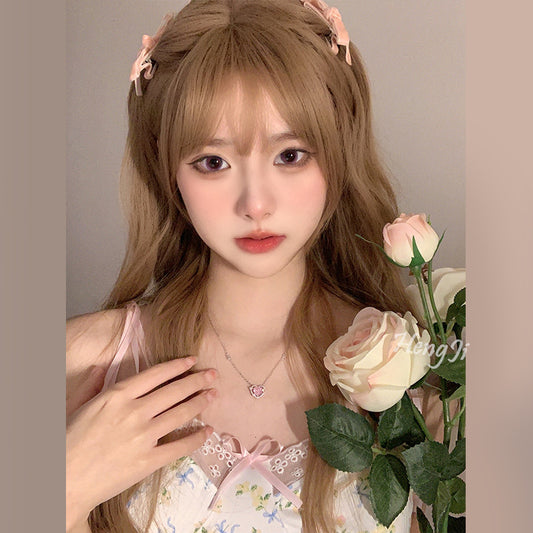 Women's Hair Milk Tea Curly Natural Air Bangs Wig Long Curls