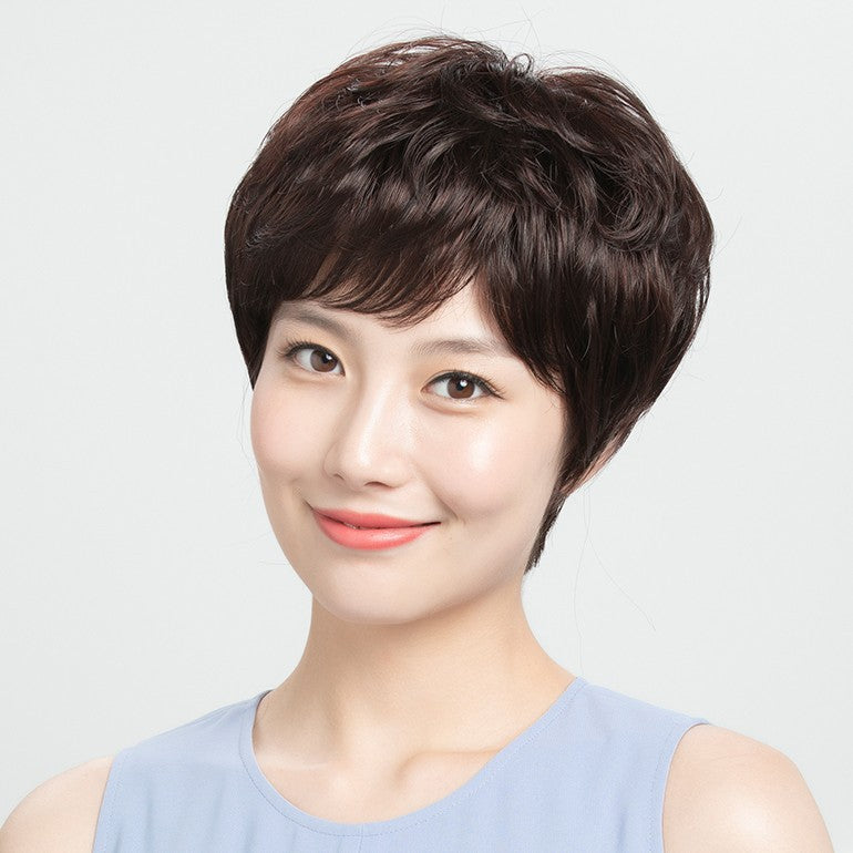 Women's Short Curly Human Wigs Natural Mom Real Hair Wig
