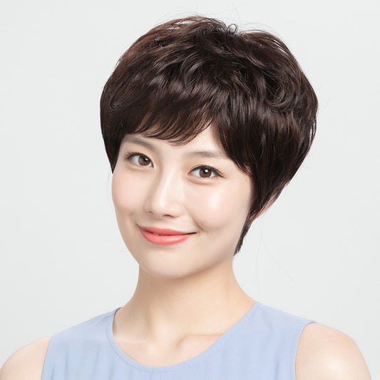 Women's Short Curly Human Wigs Natural Mom Real Hair Wig