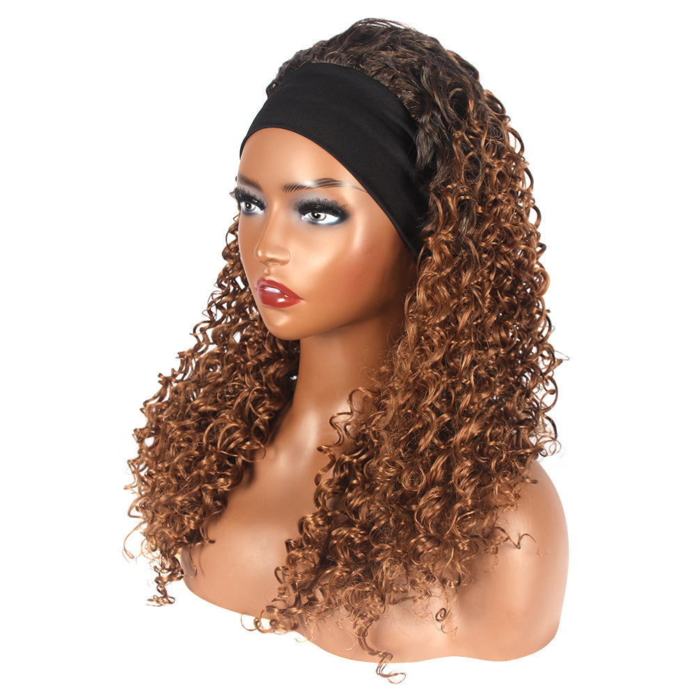 Women's Hair Band Curly African Turban Brown Gradient Small Volume Wig Long Curls