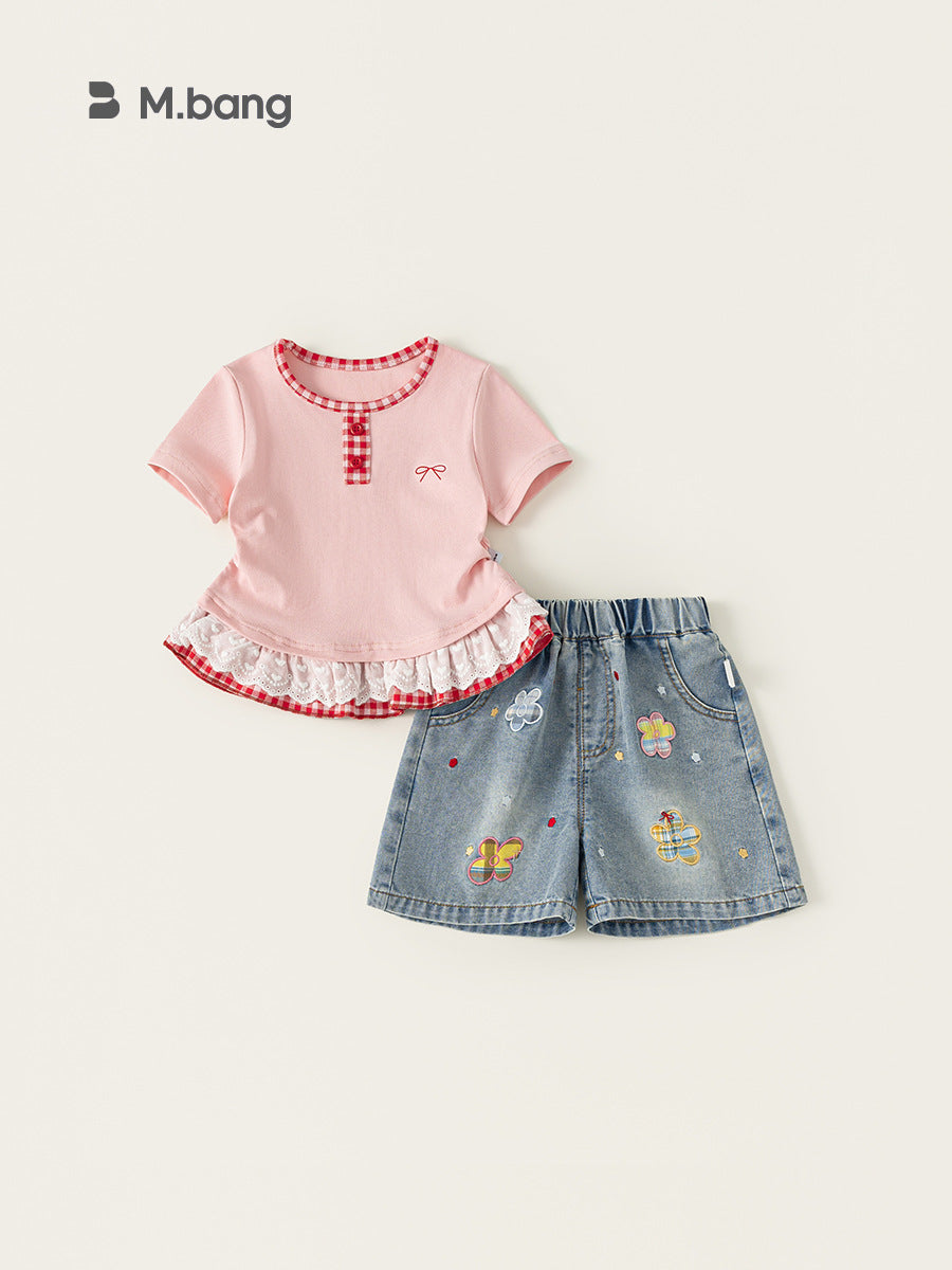 Children's Woven Clothing Clothes Korean Style Summer T-shirt Jeans Two-piece Set Children's Suit