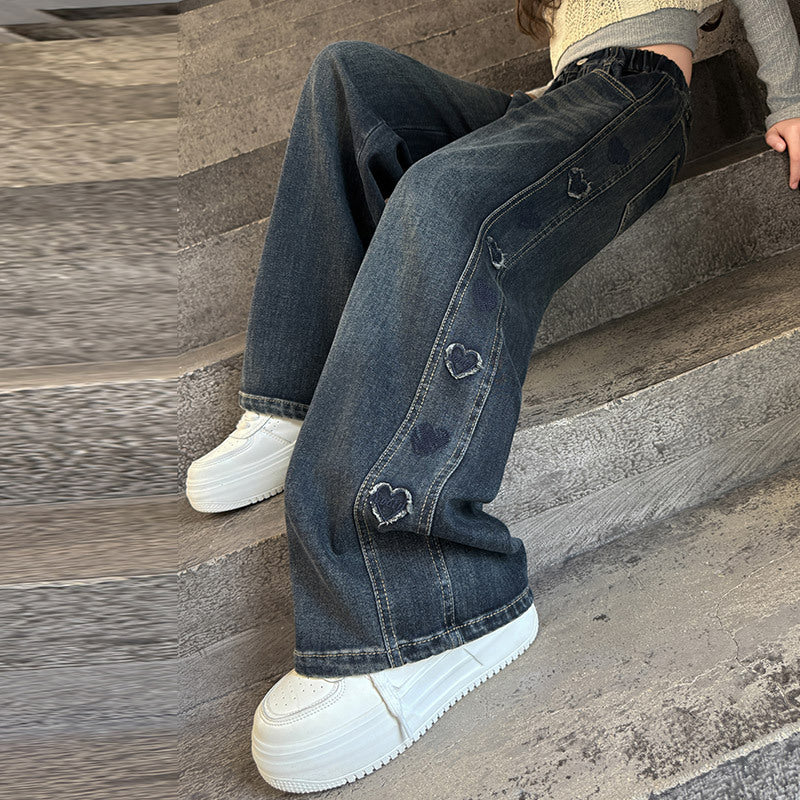 Side Frayed Heart Jeans Korean Style Western Children's Pants