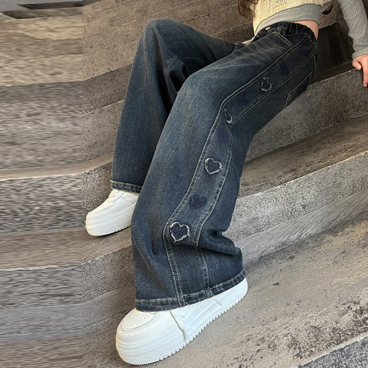 Side Frayed Heart Jeans Korean Style Western Children's Pants
