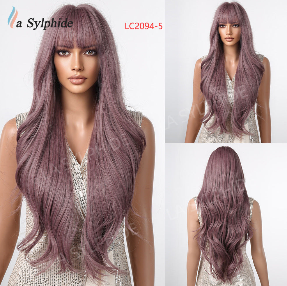 Curly Female Bangs Brown Golden Purple Wig Long Curls