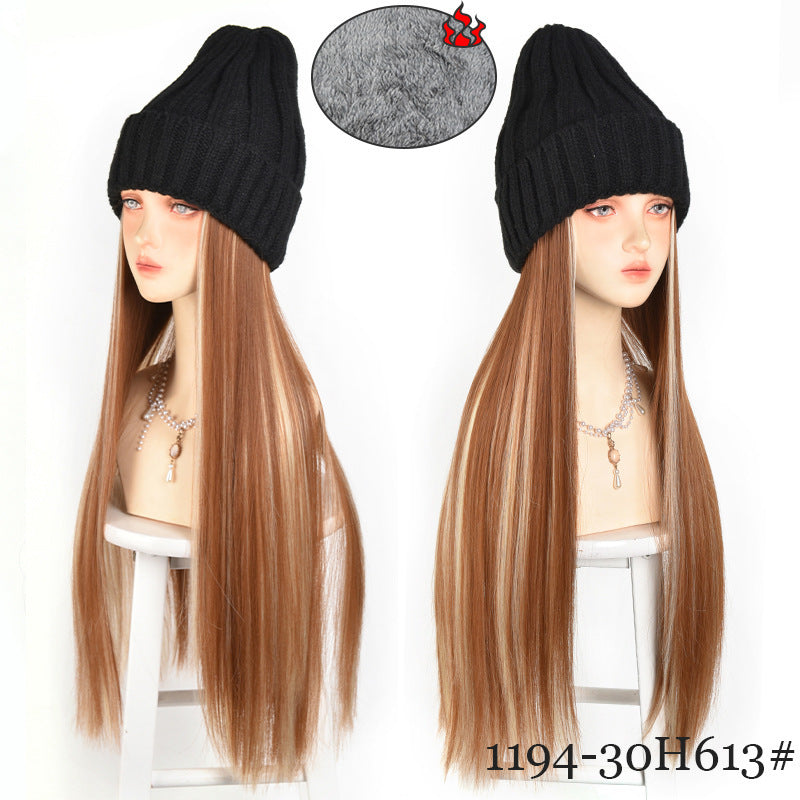 Hat Integrated Black Knitted Beret Golden Long Straight Hair Chemical Other Wig