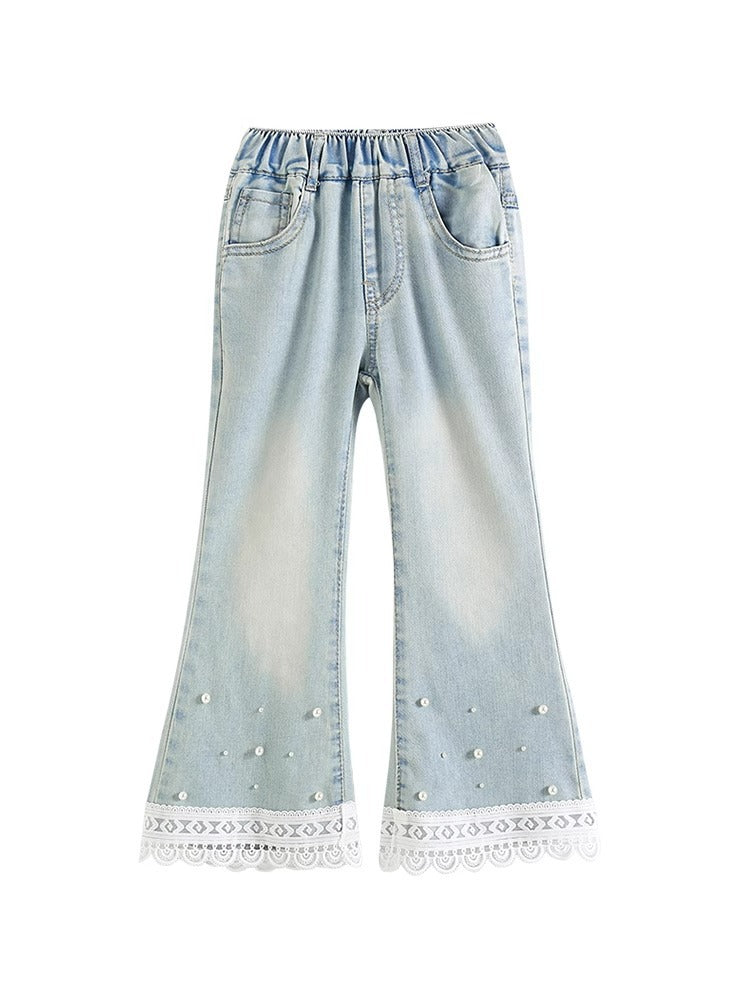 Retro Skinny Jeans Summer Beading Lace Design Thin Draped Children's Pants