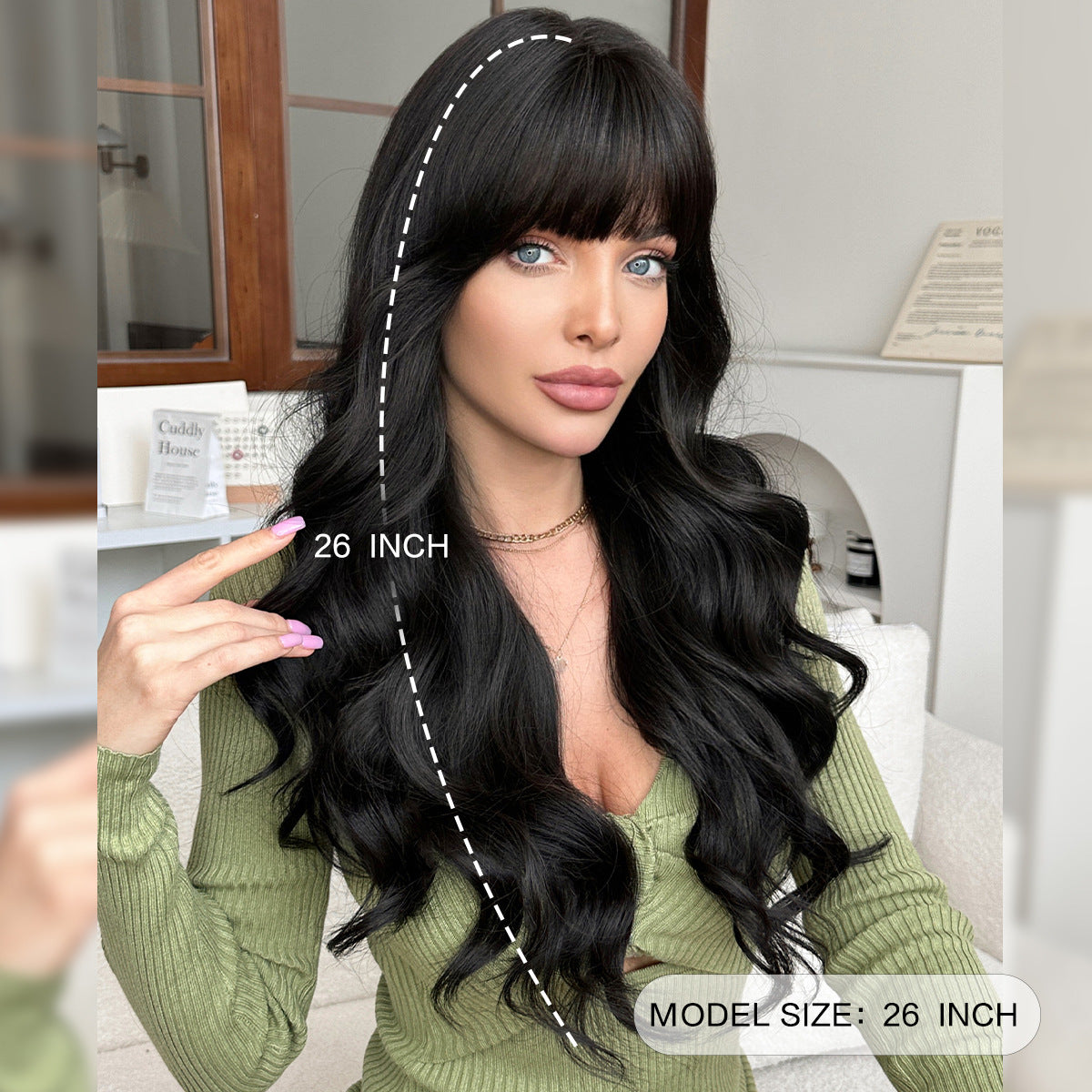 Female Natural Black Curly Hair Big Wave Straight Bangs Wig Long Curls