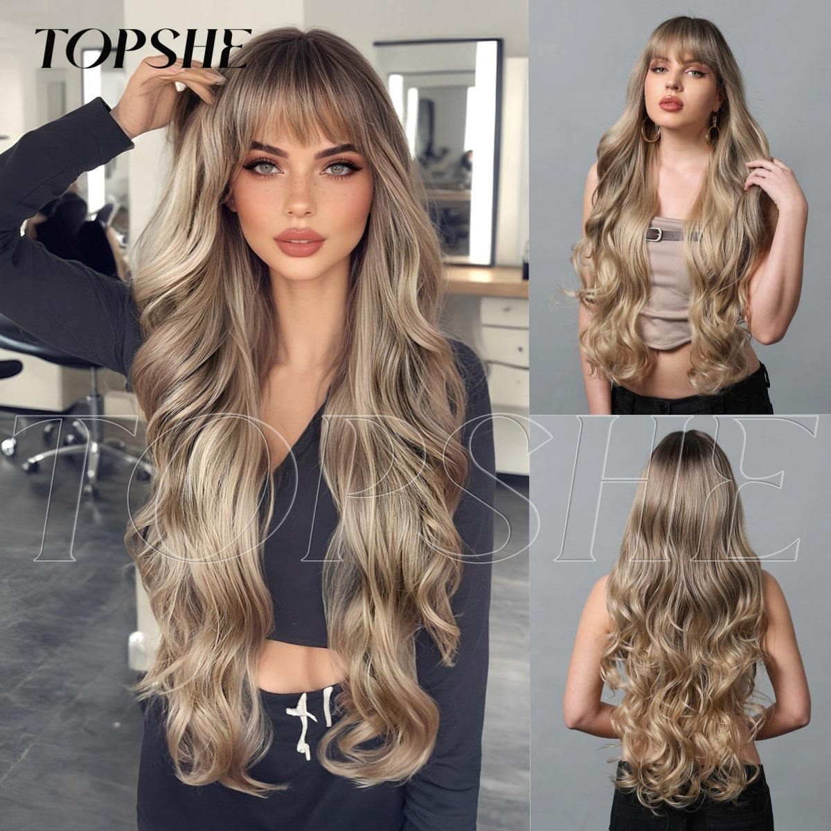 Dyed Brown Straight Bangs Big Wave Curly Wig Long Curls