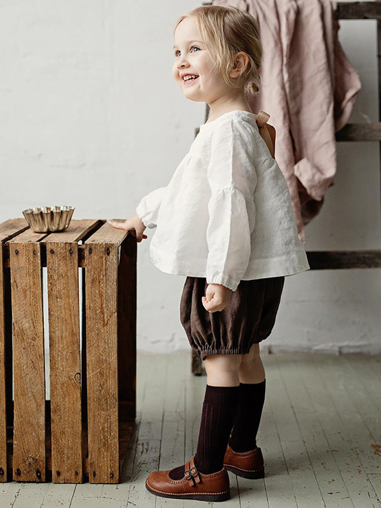 Comfortable Cotton Linen Blouse Mori Style Bow Bandage Long-sleeved Children's T-shirt