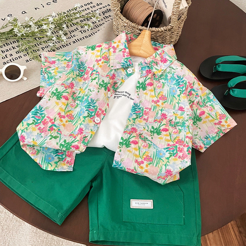 Children's Short Sleeve Printed Vacation Style Boys Summer Cotton Children's Shirt