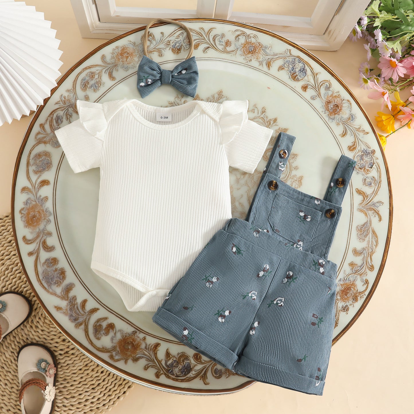 Summer Sunken Stripe Ruffled Short Sleeves Top Corduroy Flower Children's Suit