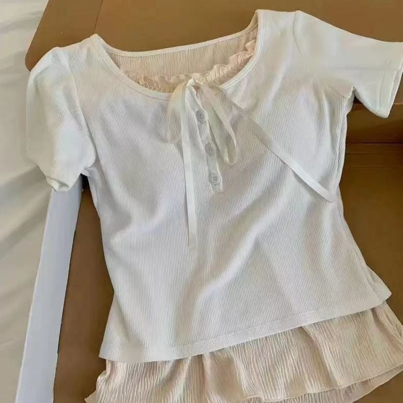 Children's Fake Two-piece Shoulder Short Sleeve Medium Big Sweet Cute Stylish Children's T-shirt