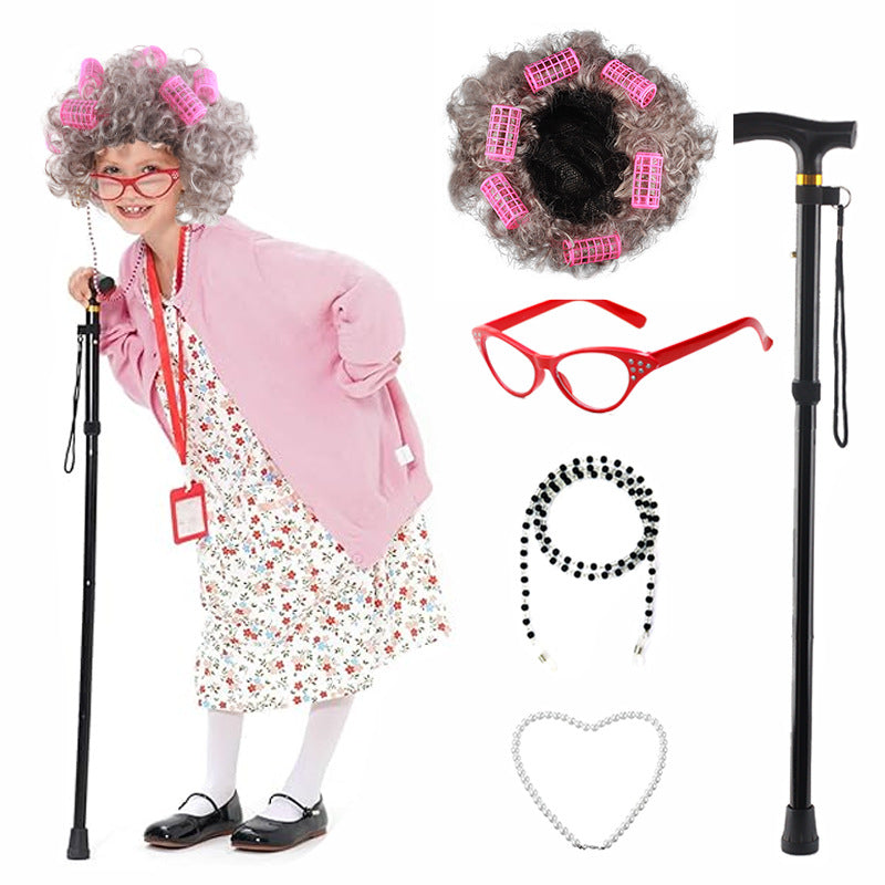 Props Watch Show Old Lady Grandma Flower White Curly Head Real Hair Wig
