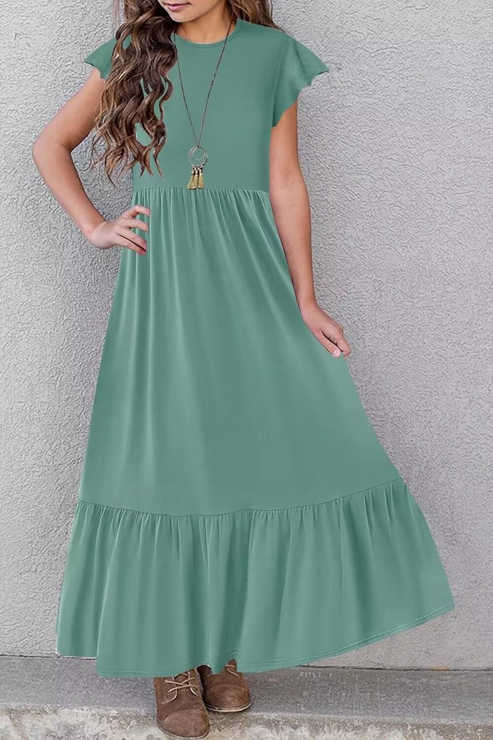 Crew Neck Casual Elegant Layered Super Long Children's Dress