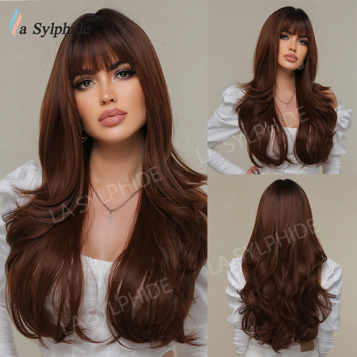 Curly Female Bangs Wine Red Brown Wig Long Curls