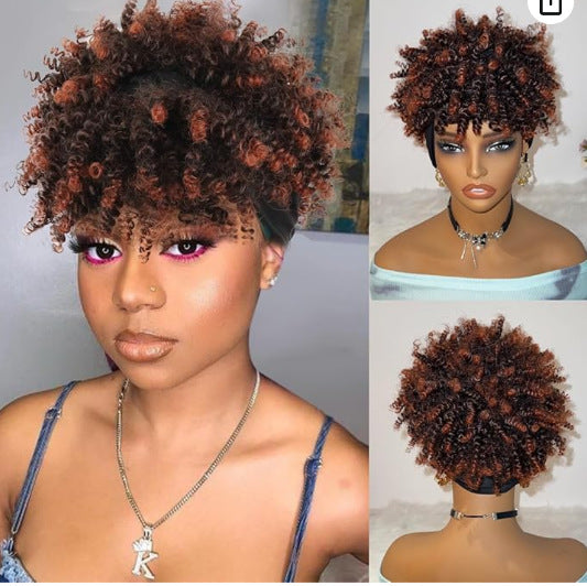 Women's African Small Bangs Integrated Headband Chemical Wig Short Curly Hair