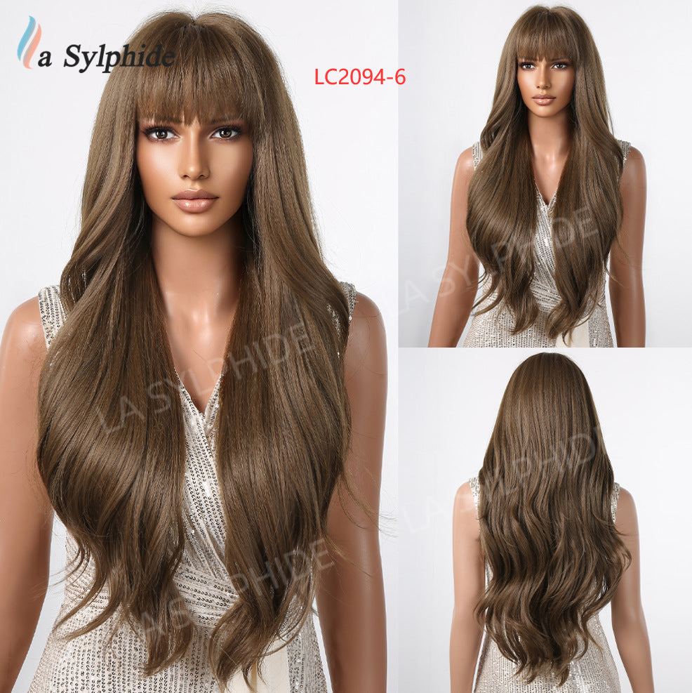 Curly Female Bangs Brown Golden Purple Wig Long Curls