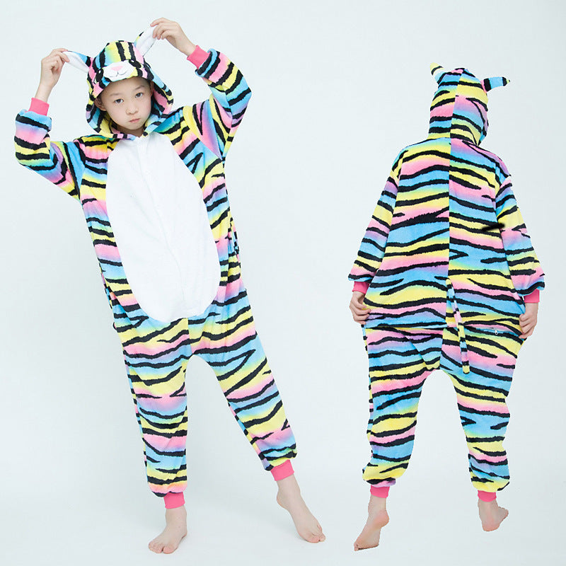 Children's Cartoon Animal One-piece Pajamas Rainbow Flannel Lion Cute Long Jumpsuit, Climbing Suit