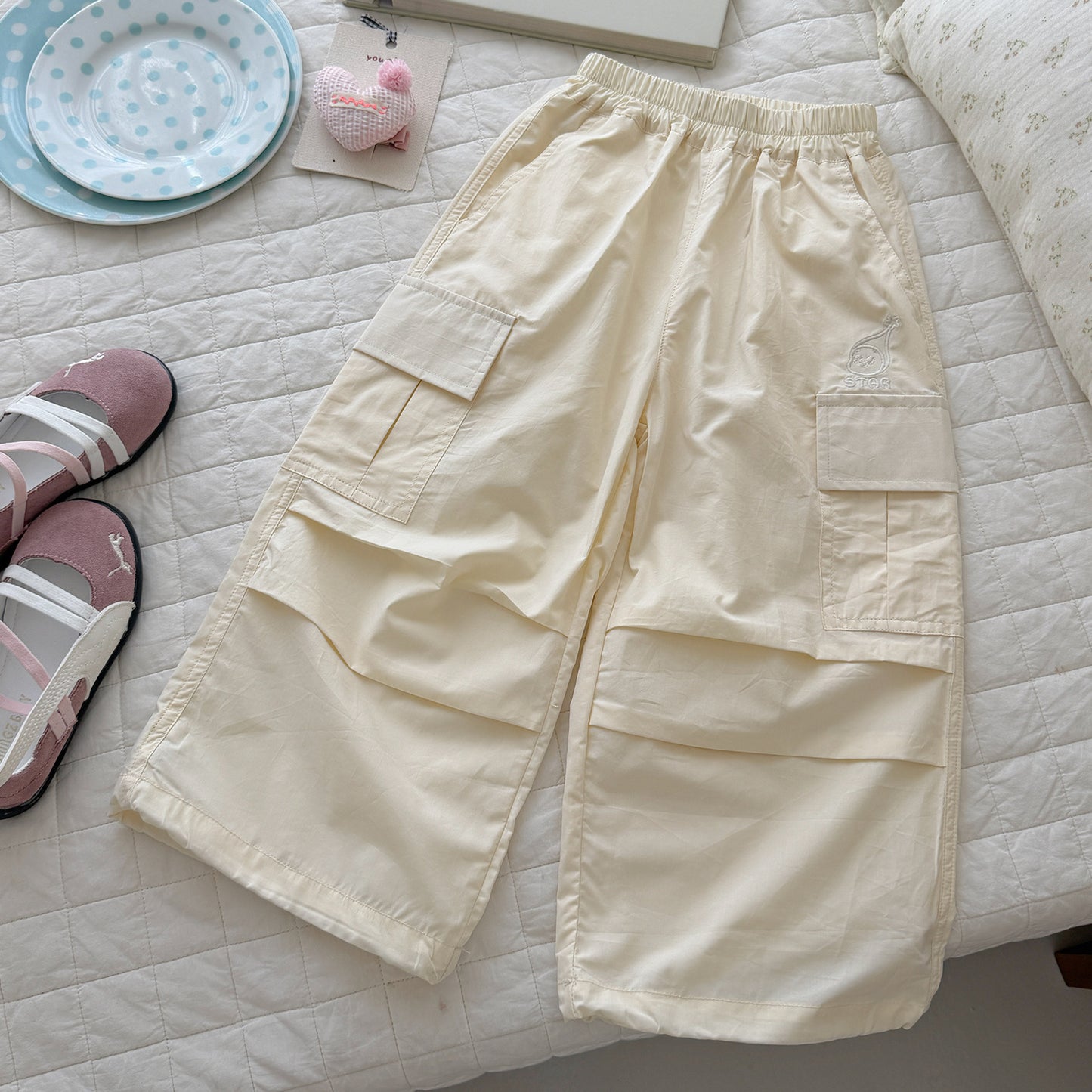 Children's Summer Overalls Light-sensitive Embroidered Large Pocket Washed Children's Pants