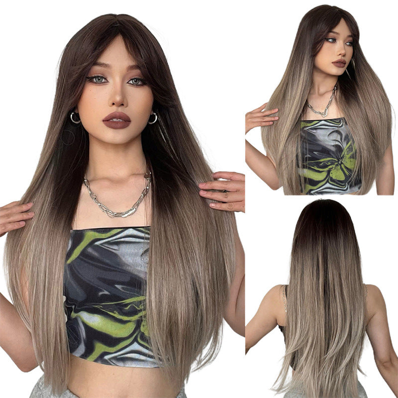 White Gold Color Bangs Hair Curling Long Straight Wig