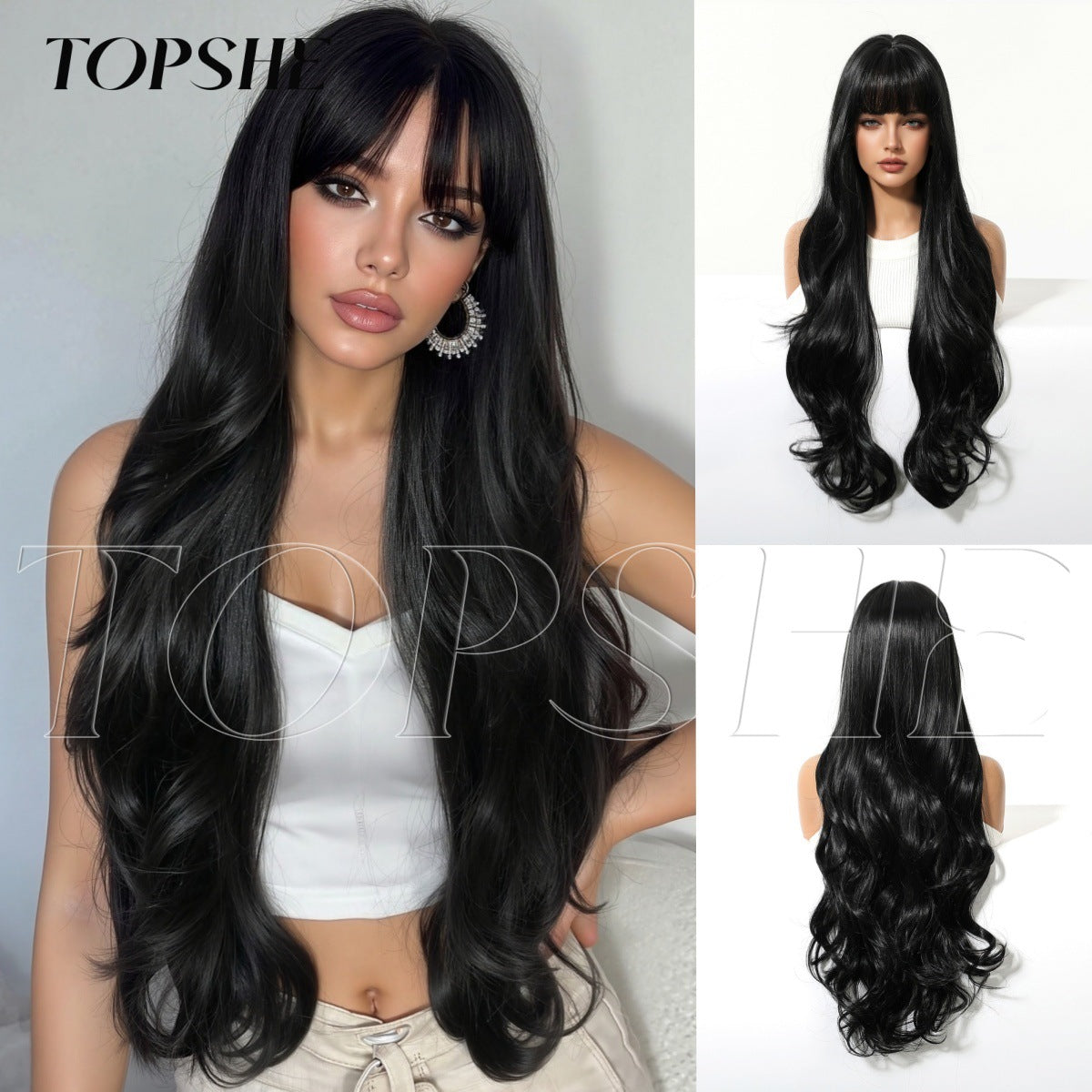 Dyed Brown Straight Bangs Big Wave Curly Wig Long Curls