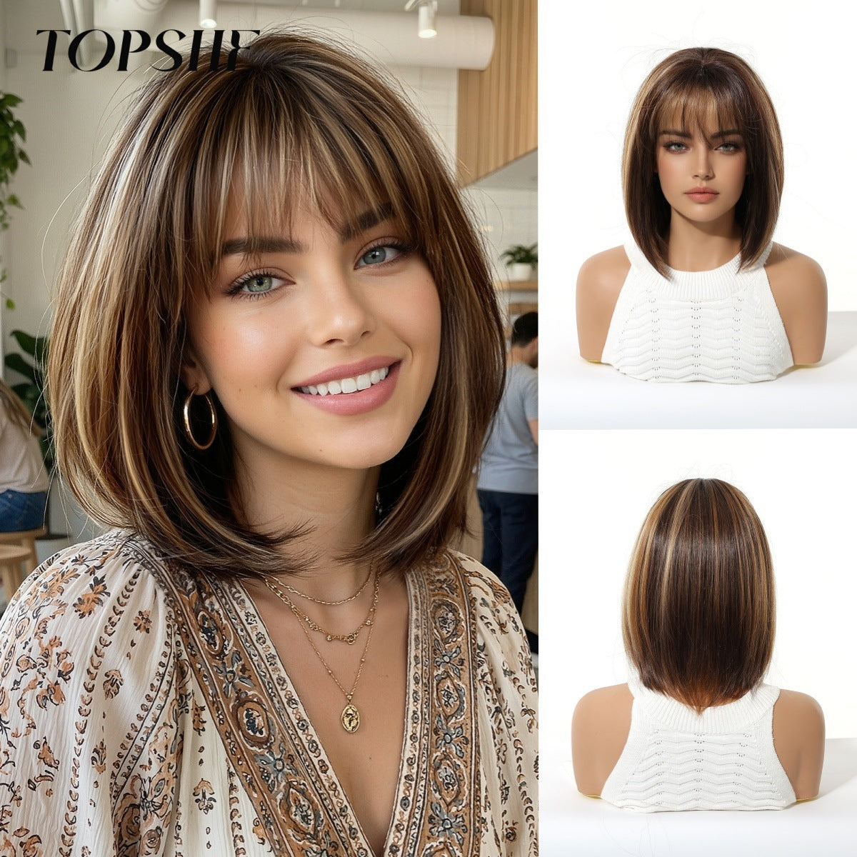Gradient Brown Highlight Air Bangs Natural Wig Short Straight Hair
