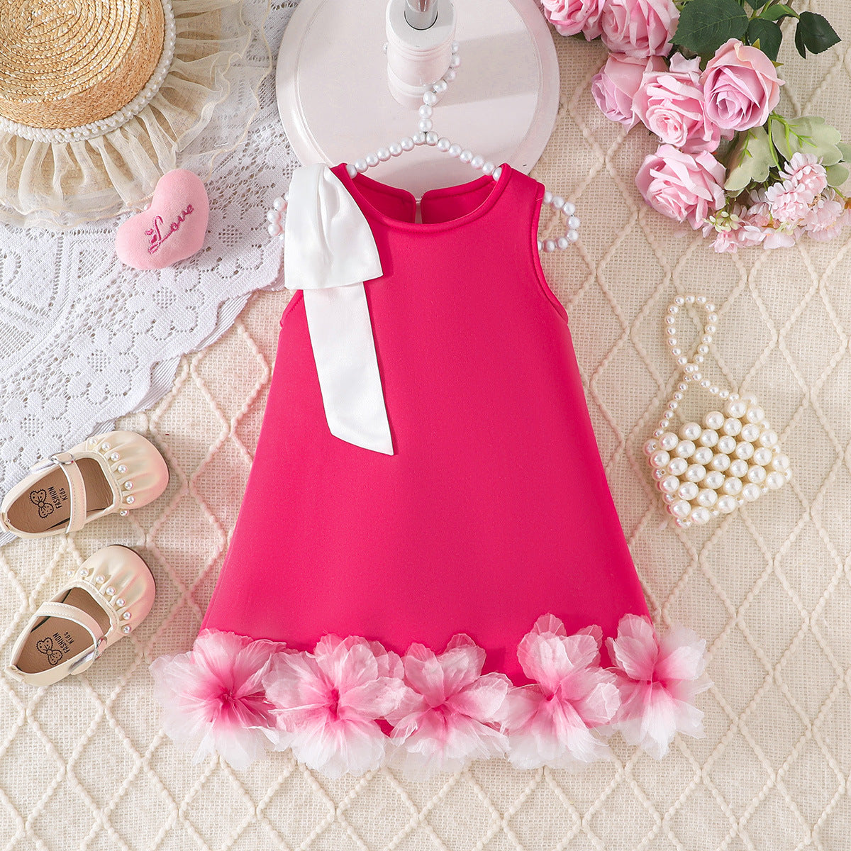 Solid Color Sleeveless Three-dimensional Flower Skirt Bow Children's Dress