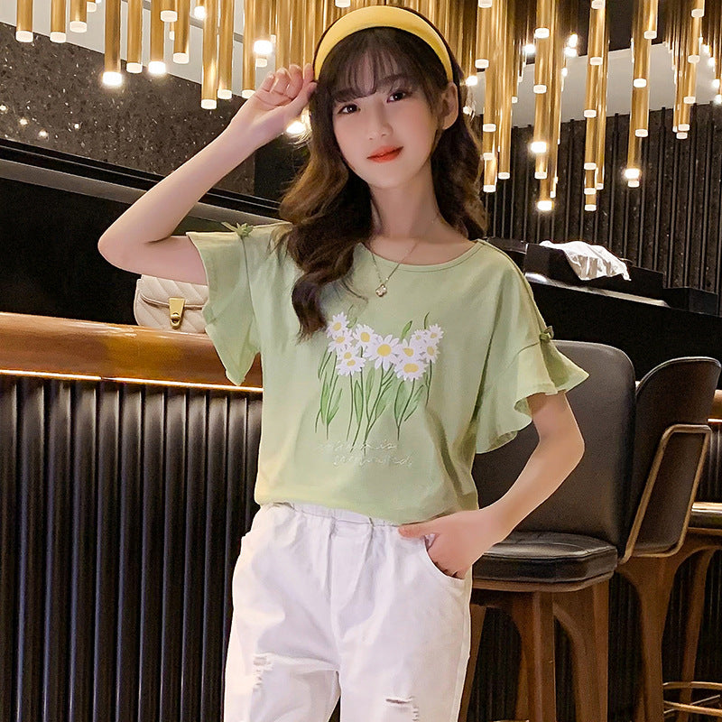 Ruffle Sleeve Flounced Printed Korean Style Stretch Cotton Children's T-shirt