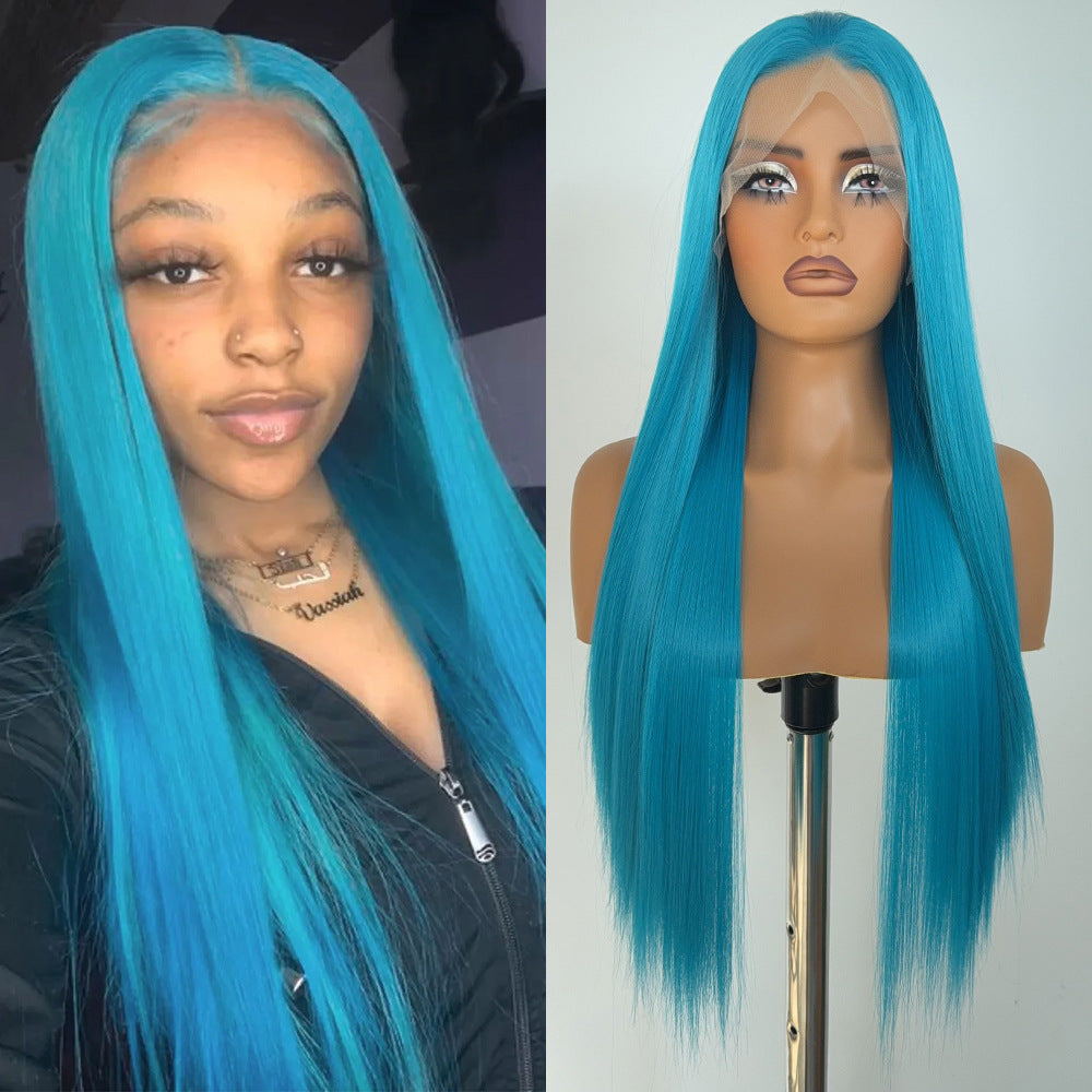 Chemical Fiber Hair Hand Crocheting Front Lace Gemstone Green Whole Long Straight Wig