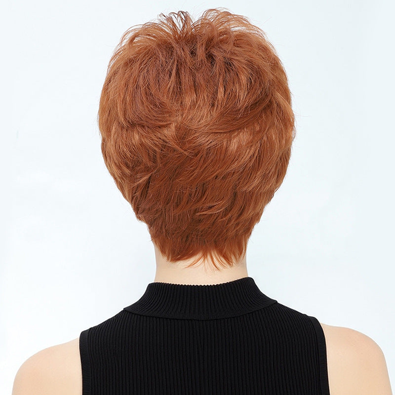 Men's Fashion Dark Orange Mixed Color Fluffy Head Cover Chemical Wig Short Straight Hair