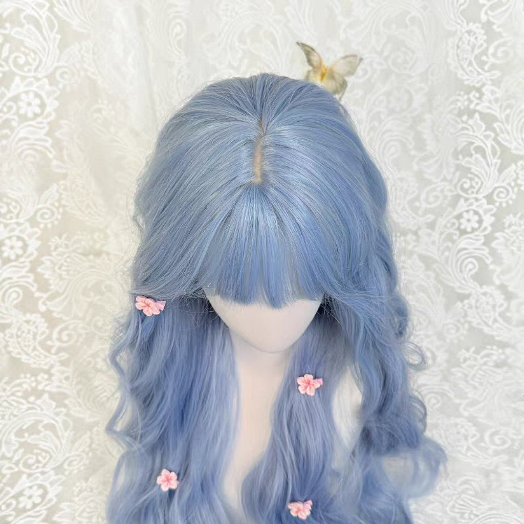 Blue Female Straight Bangs Curly Hair Water Wig Long Curls