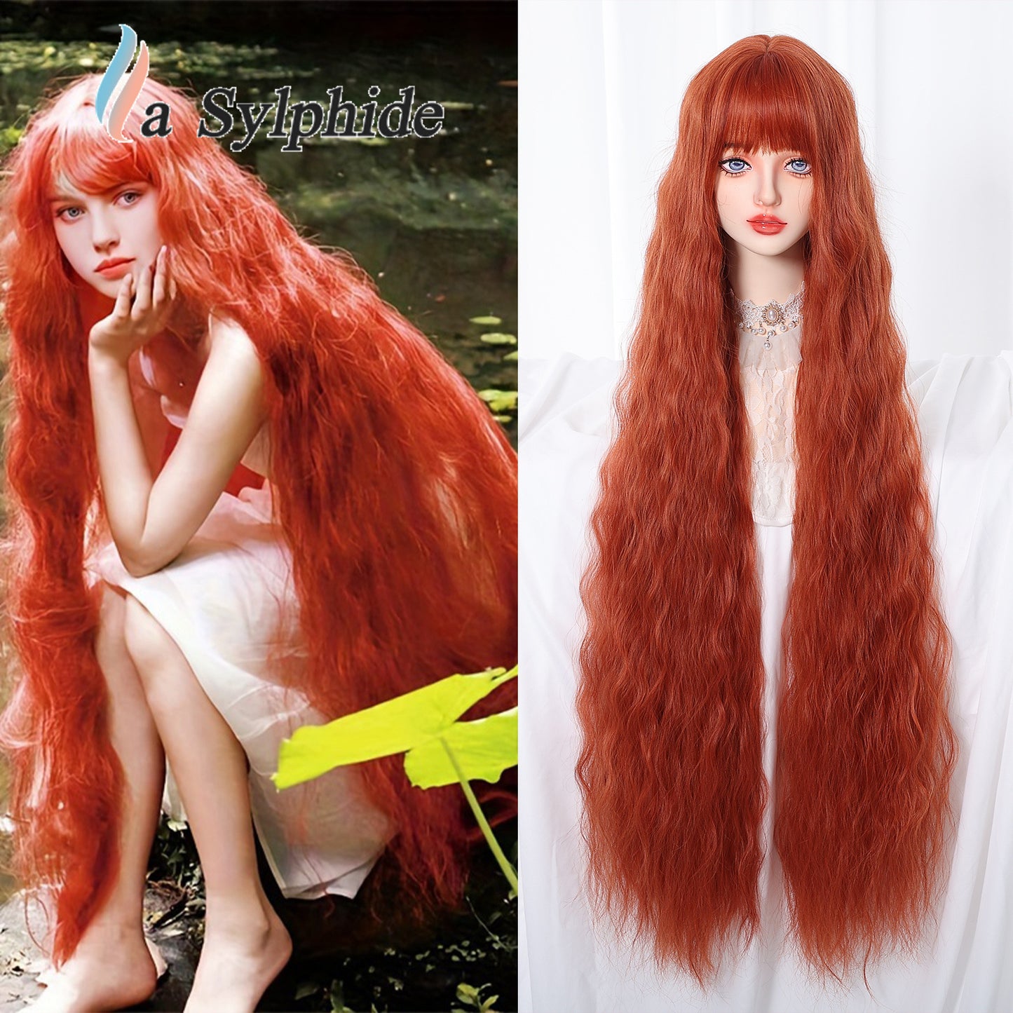 Female Bangs Super Curly Brown Fiber Mechanism Head Cover Wig Long Curls