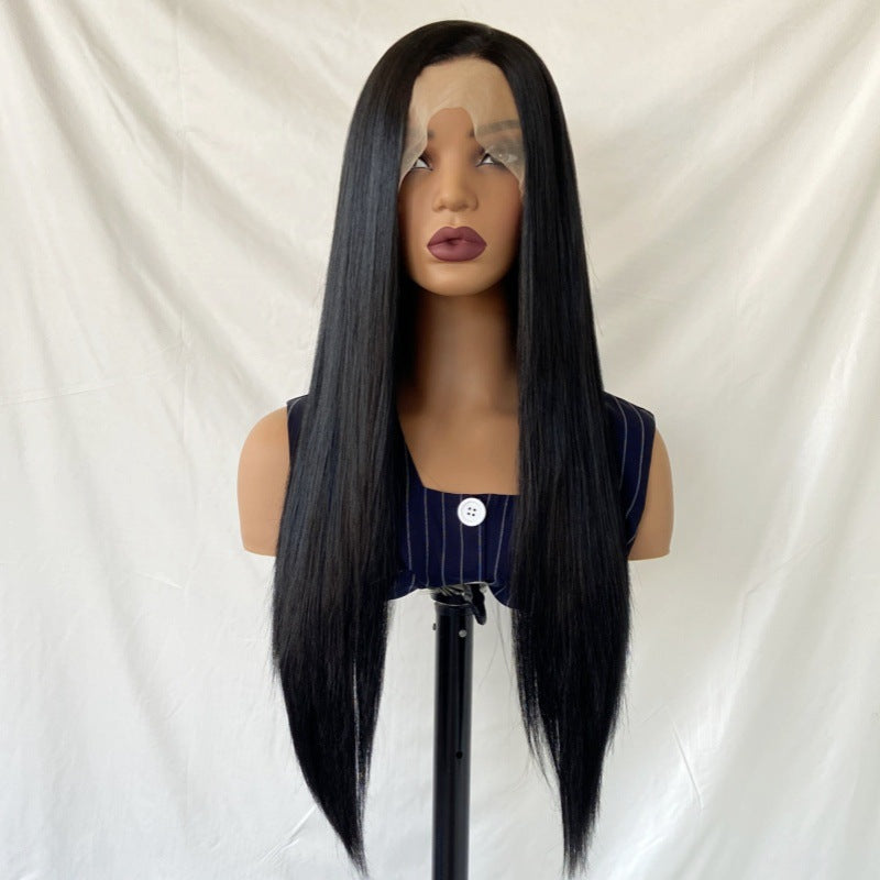 Women's African Style Black Front Lace For Chemical Long Straight Wig