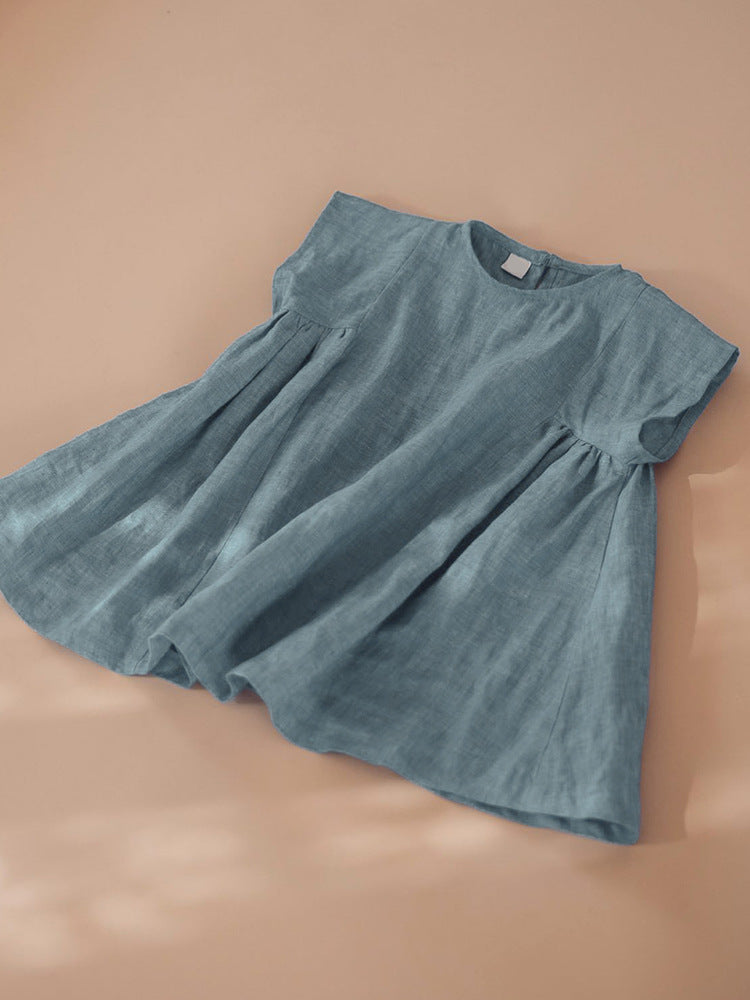 Women's Promotion High Quality Pure Linen Casual Vacation Short-sleeved Skirt Round Children's Dress
