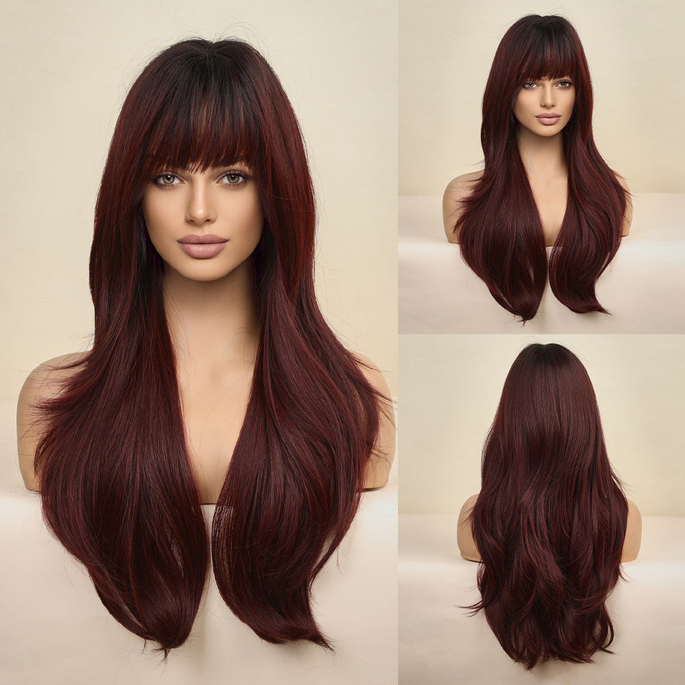 Straight Bangs Hair Gradient Burgundy Head Wig Long Curls