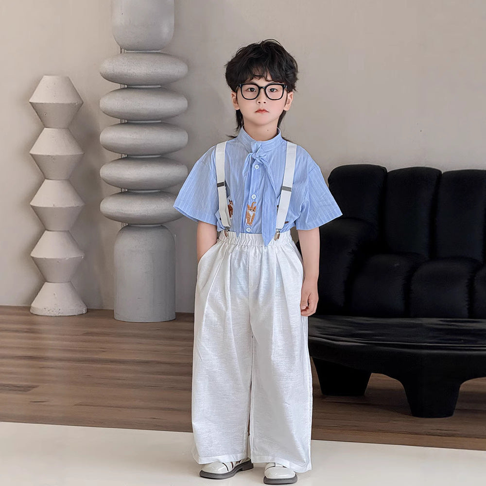 Children's Set Summer Blue Striped Outfit Performance Clothes Children's Shirt