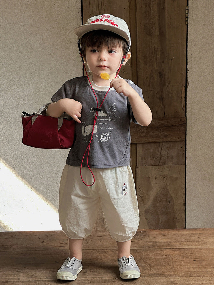 Summer Short Sleeve Breathable Year Old Boy Loose Cropped Pants Children's T-shirt