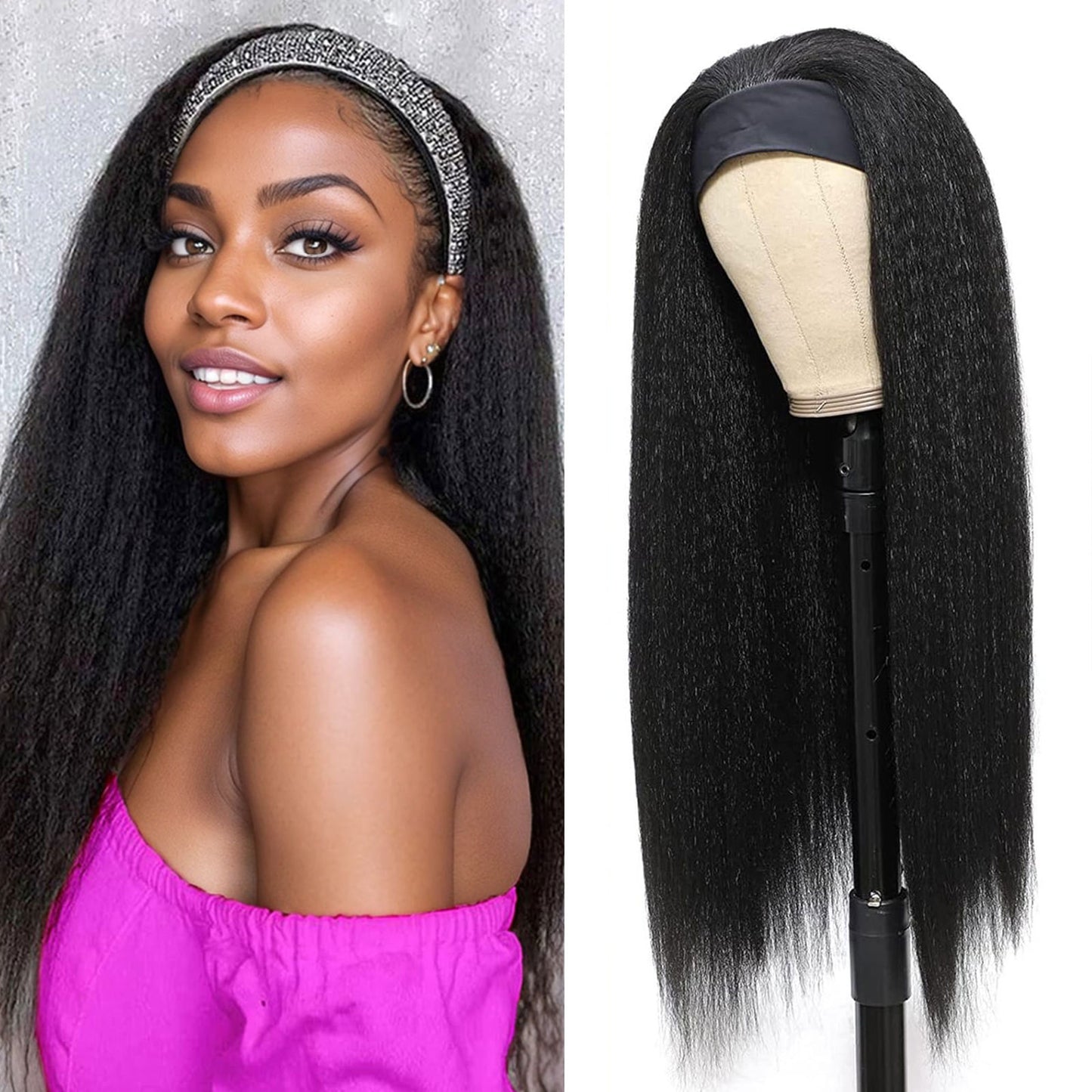 Women's Turban Ice Silk Hair Band Head Long Straight Wig