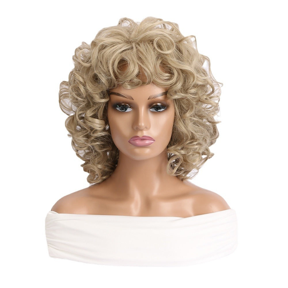 Women's Rose Net Light Golden Chemical Fiber Wig Short Curly Hair