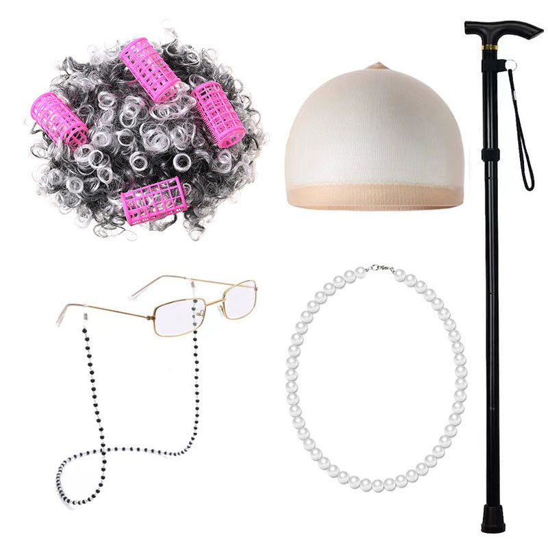 Old Grandma Grandpa Halloween Lady Set Cos Wig
