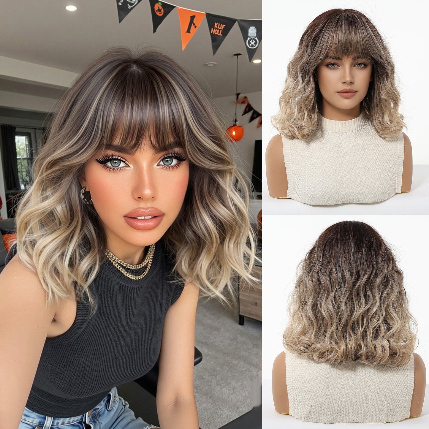 Female Cute Style Golden Short Curly Hair Matte Fiber Full Wig Long Curls