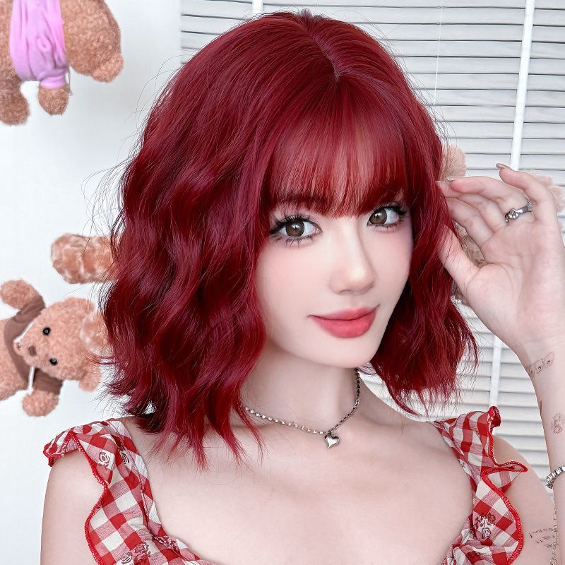 Female Straight Bangs Small Curls Raspberry Wig Short Curly Hair