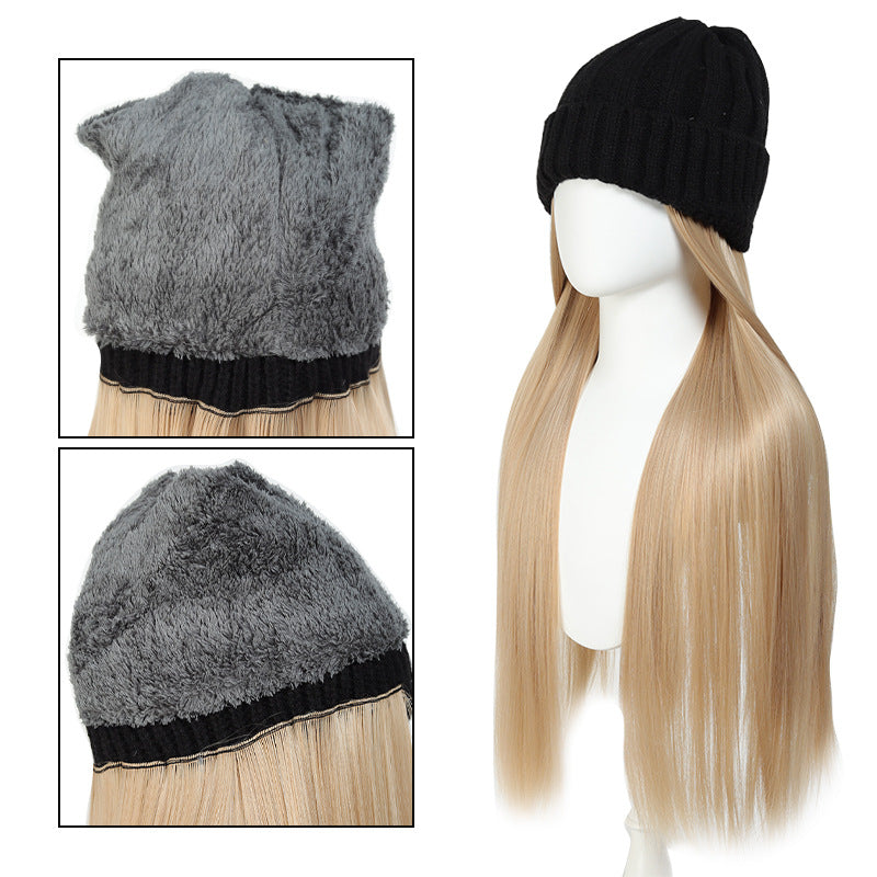 Hat One Black Knitted Golden Long Straight Hair Chemical Other Wig