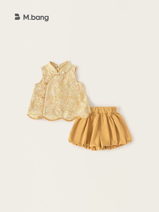 Children's Ethnic Style Sleeveless Top Solid Color Bud Skirt Pants Two-piece Children's Suit