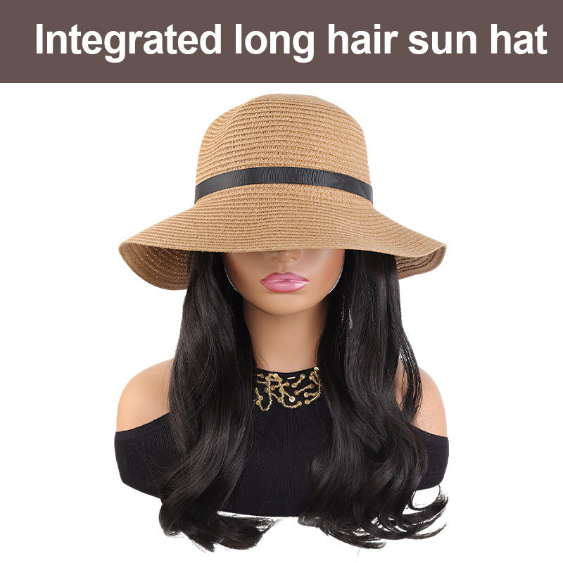 Straw Sun Hat Curly Hair One-piece Wig Long Curls