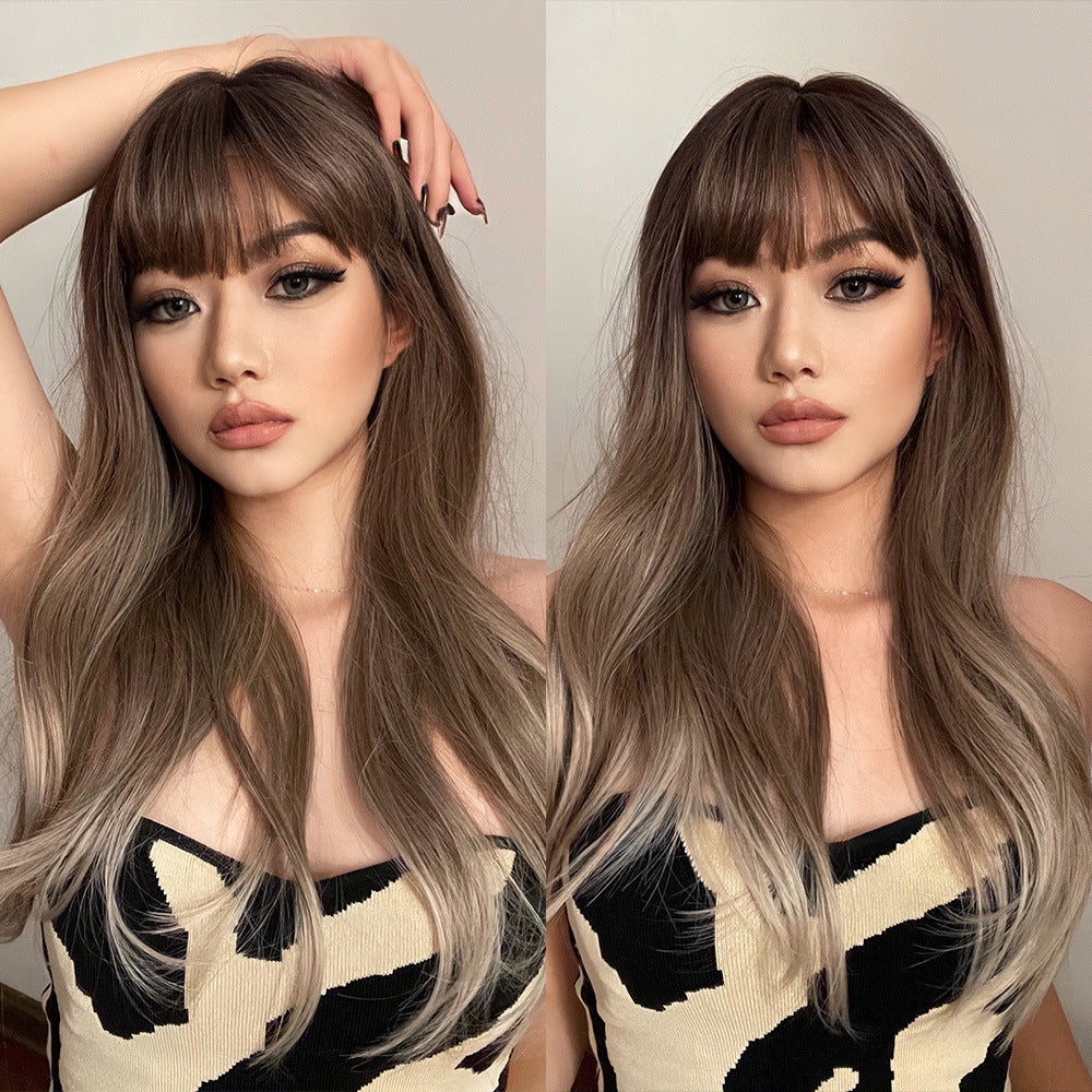 Bangs Gradient Gray Hair Chemical Fiber Head Long Straight Wig