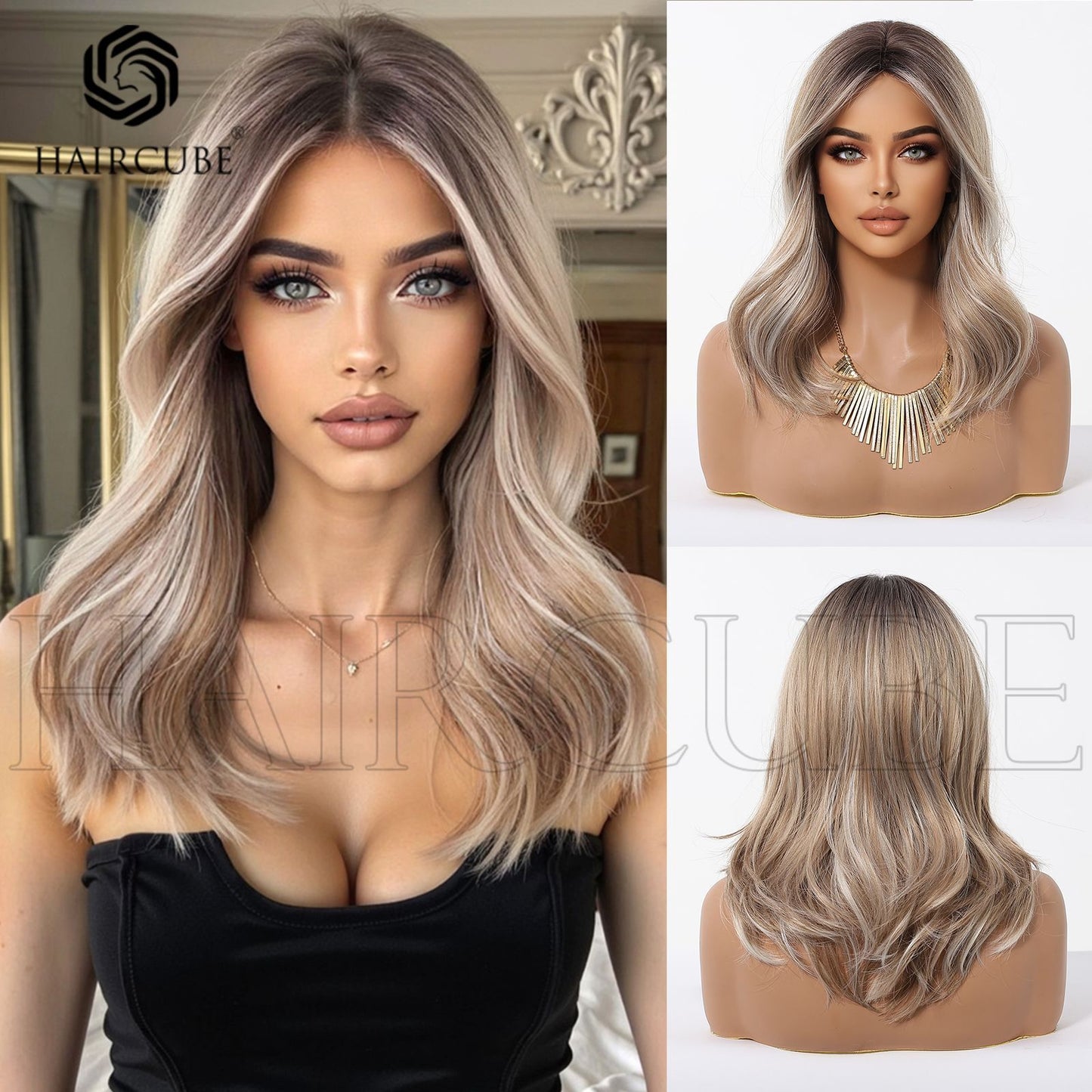 Mid-length Gradient Dyed Bangs Fiber Headgear Wig Short Straight Hair